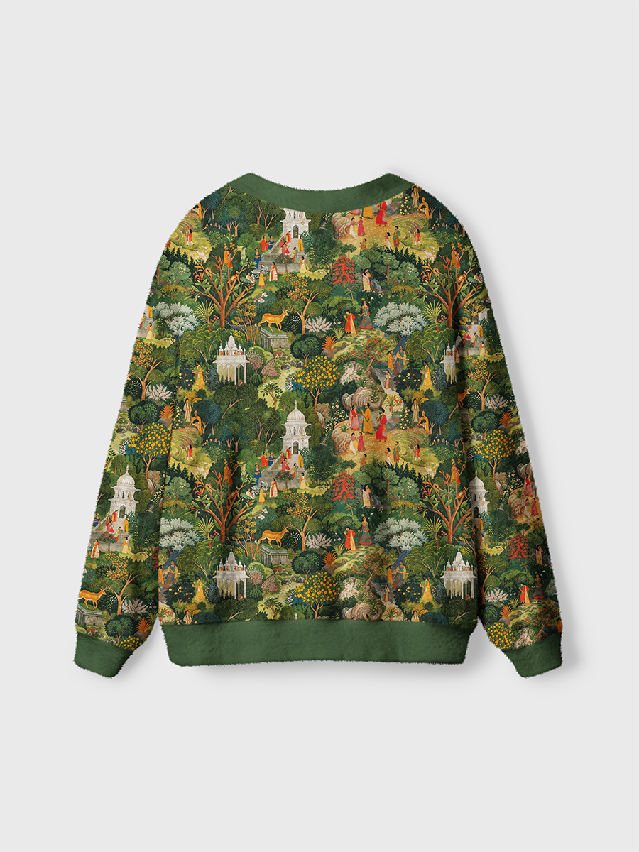 Vintage Traditional Indian Court Forest and Ancient Architecture Cardigan Sweaters