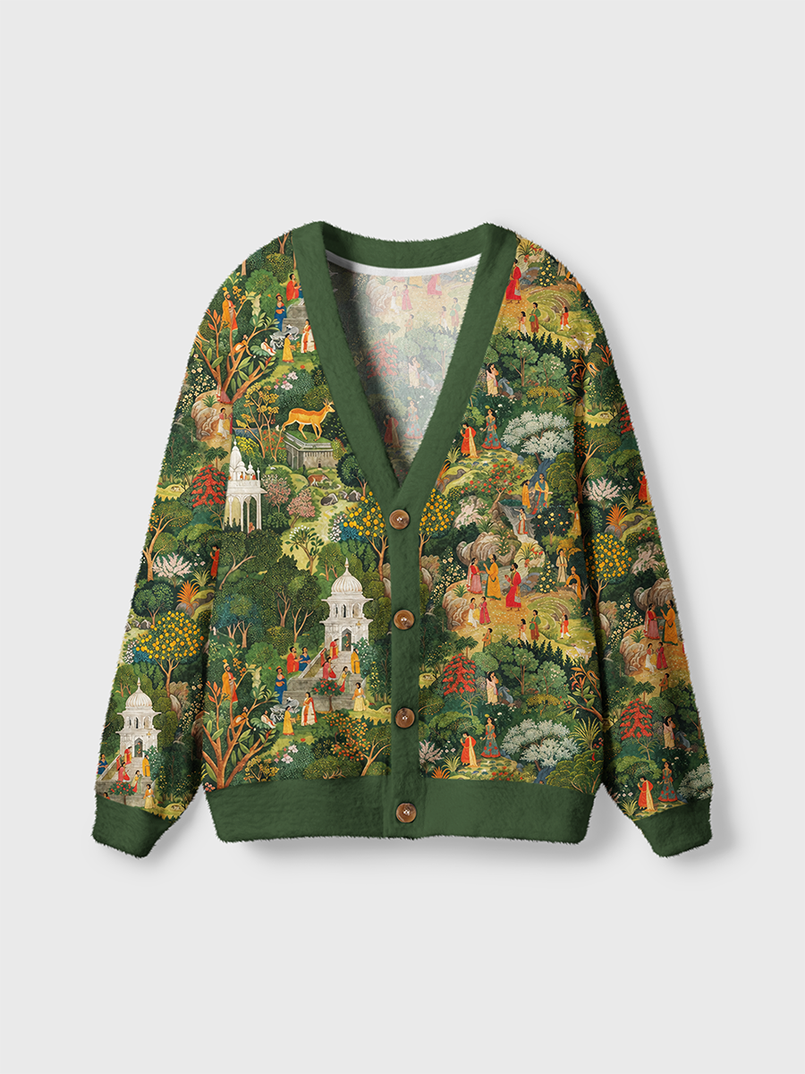 Vintage Traditional Indian Court Forest and Ancient Architecture Cardigan Sweaters
