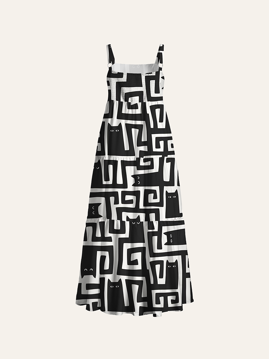 Maze Abstract Cat Doodle Adjustable Wide Straps Maxi Dress