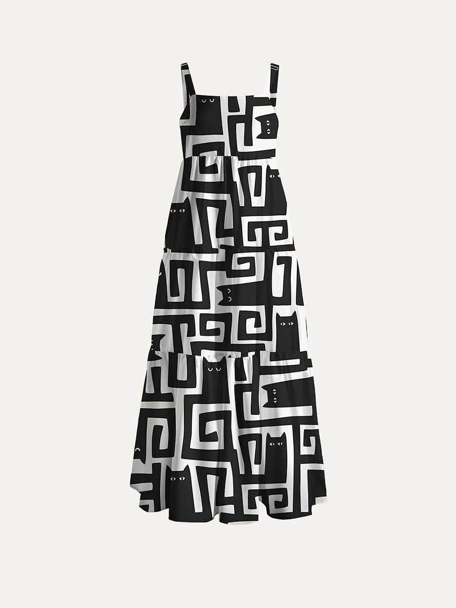 Maze Abstract Cat Doodle Adjustable Wide Straps Maxi Dress