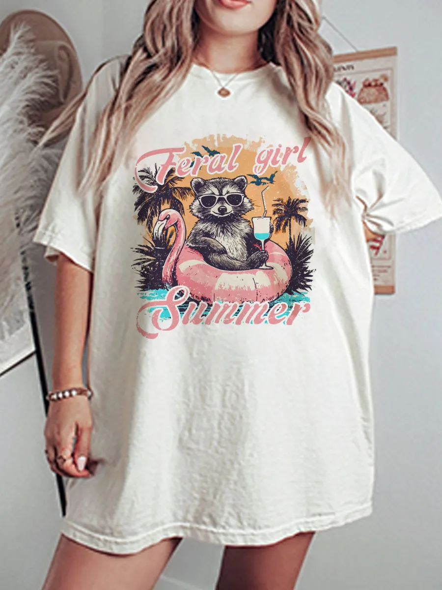Vintage Feral Girl Summer Raccoon Oversize Graphic Tee