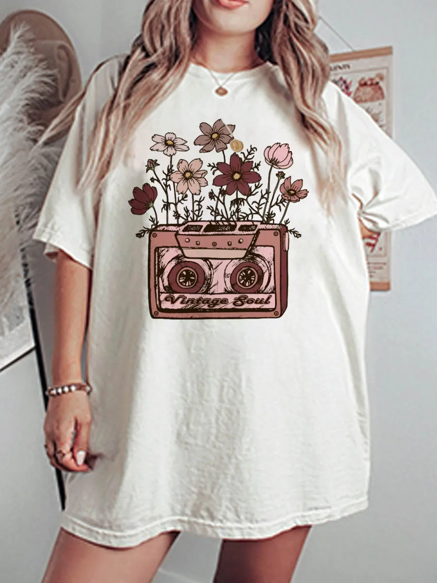 Vintage Cassette With Flowers Oversize Graphic Tee