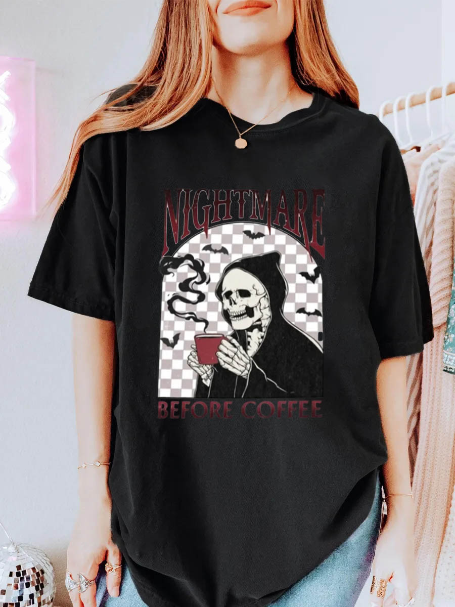 Vintage Nightmare Before Coffee Skeleton Oversize Graphic Tee