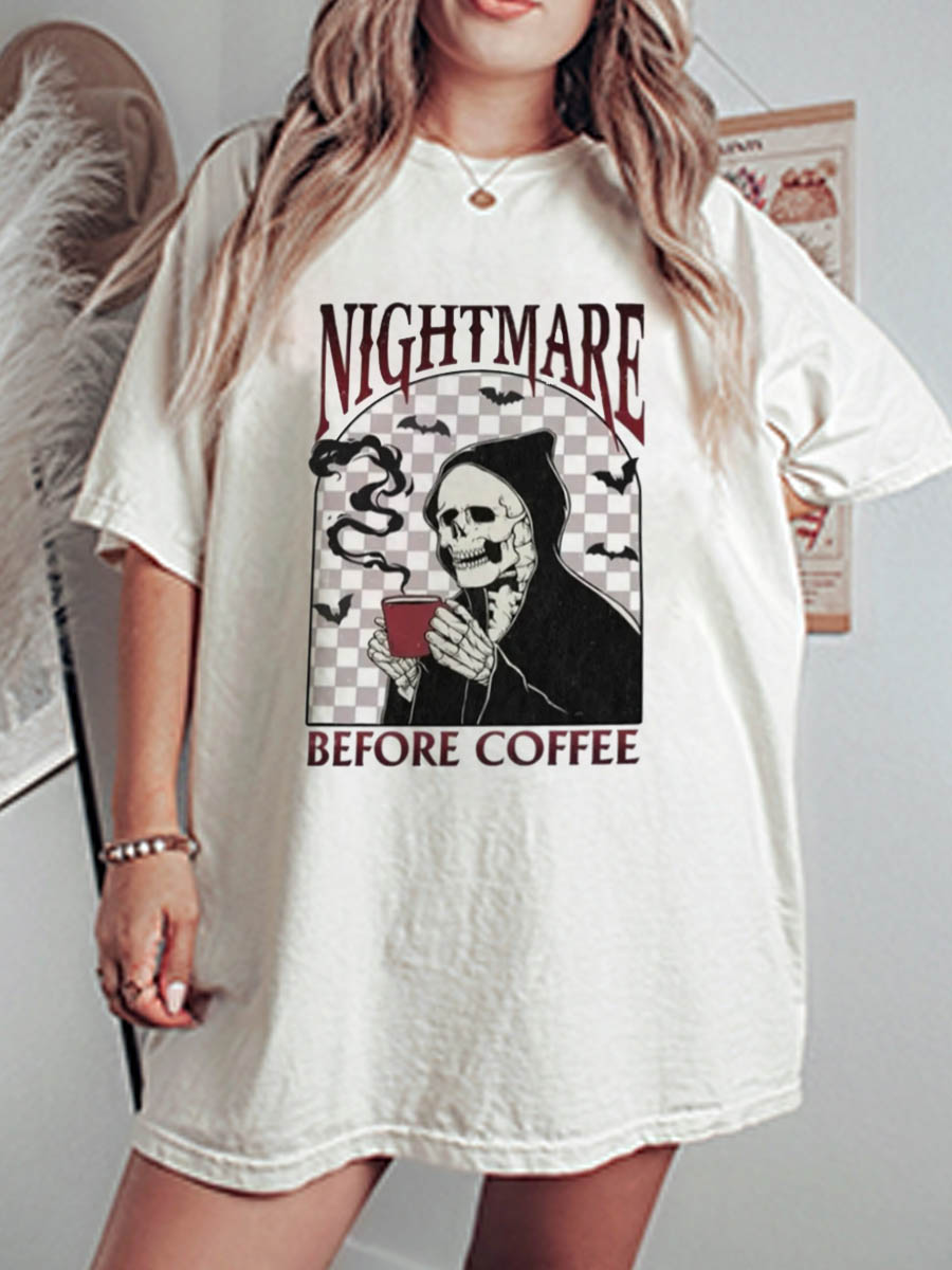Vintage Nightmare Before Coffee Skeleton Oversize Graphic Tee