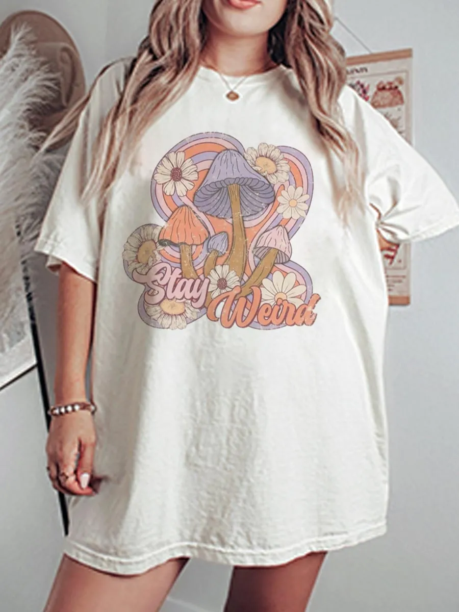 Vintage Stay Weird Mushroom & Flowers Oversize Graphic Tee