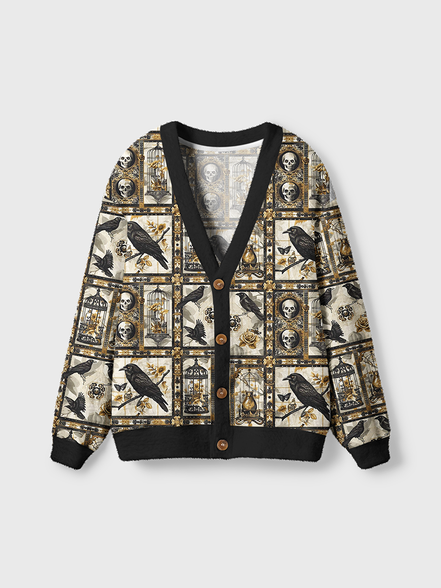 Vintage Retro Grid Crows Birdcages And Skulls Cardigan Sweaters