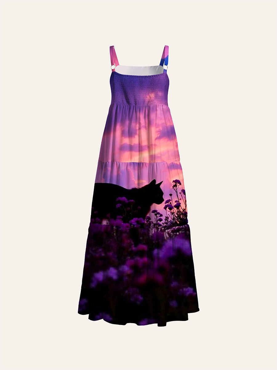 Sunset Purple Sky Black Cat Wildflower Silhouette Adjustable Wide Straps Maxi Dress