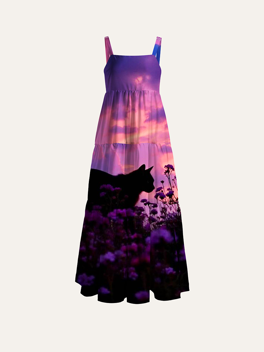 Sunset Purple Sky Black Cat Wildflower Silhouette Adjustable Wide Straps Maxi Dress