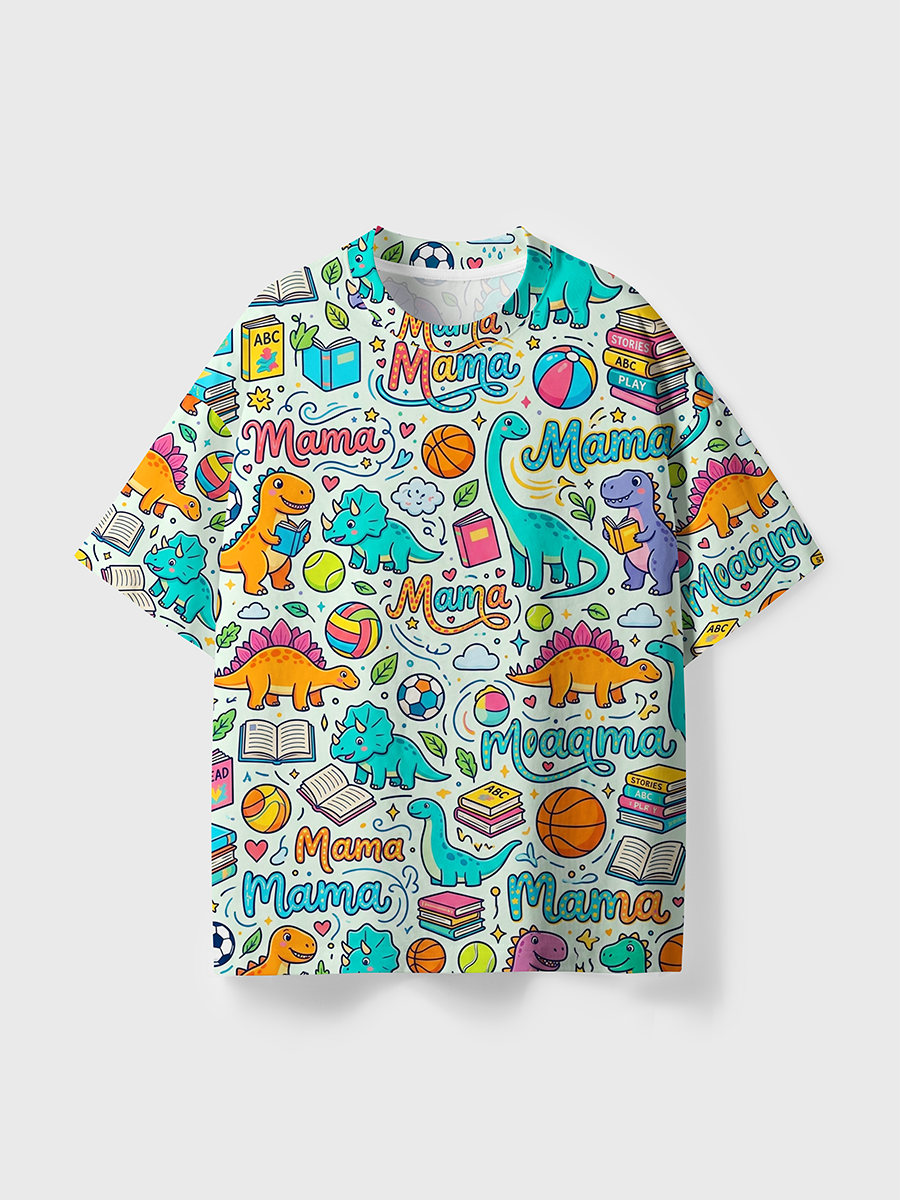 Vintage Light Green Dinosaur Reading Mama Kid Sport All Over Print T-Shirt
