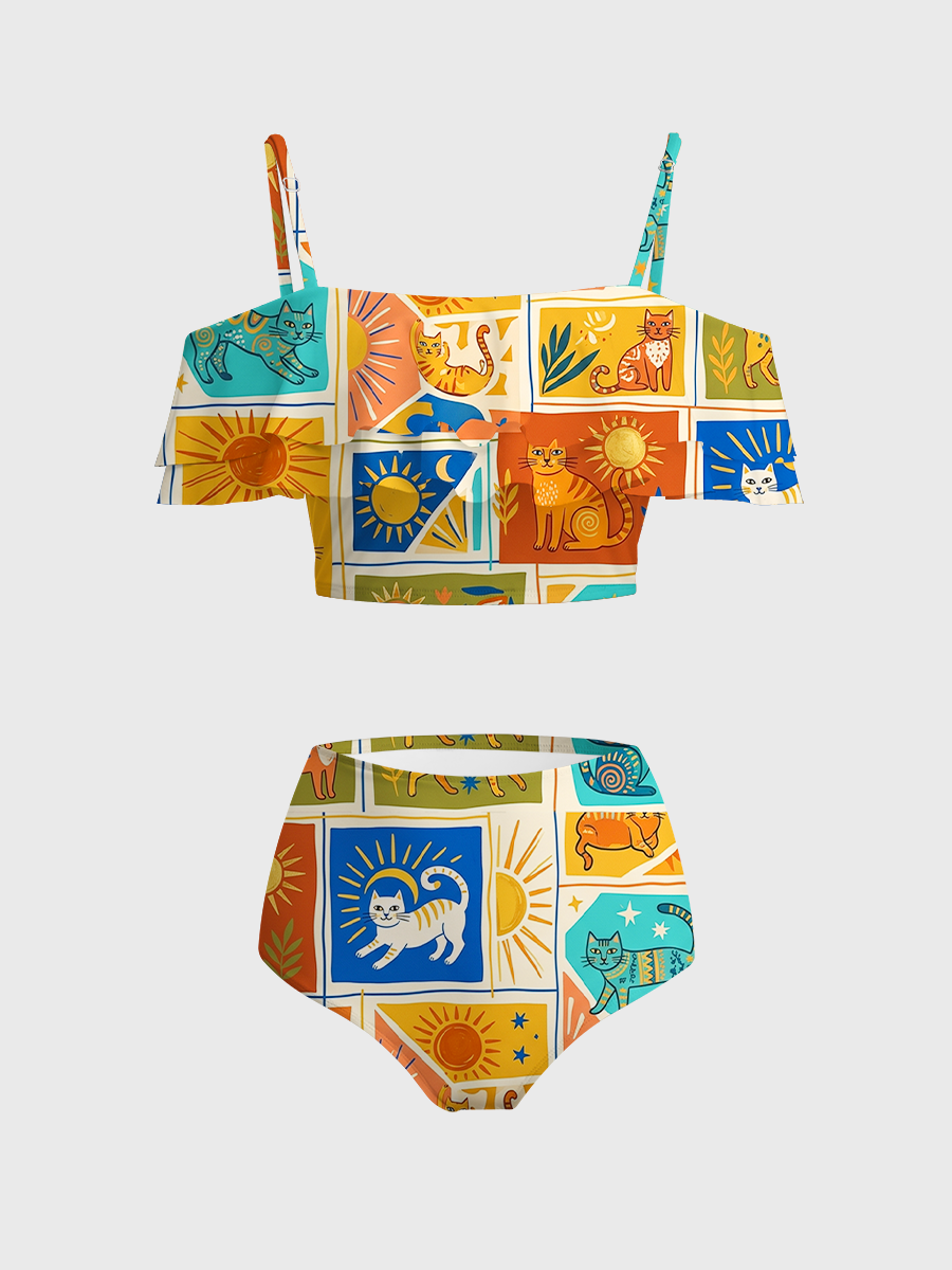 Vintage  Modern Bohemian Style Cats Two Piece Ruffled Tankini Swimsuit