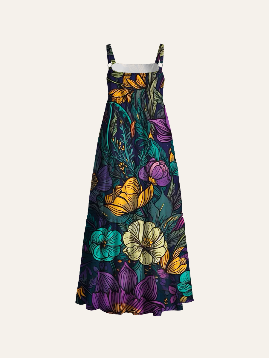 Moody Botanical Art Print Adjustable Wide Straps Maxi Dress