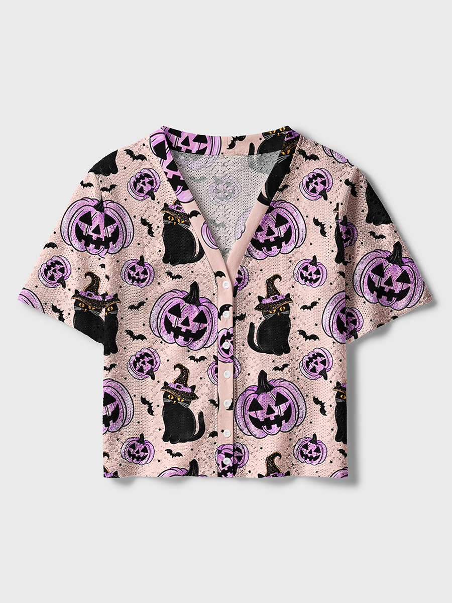 Pumpkin Witch Black Cat Crochet Button Down Cardigan