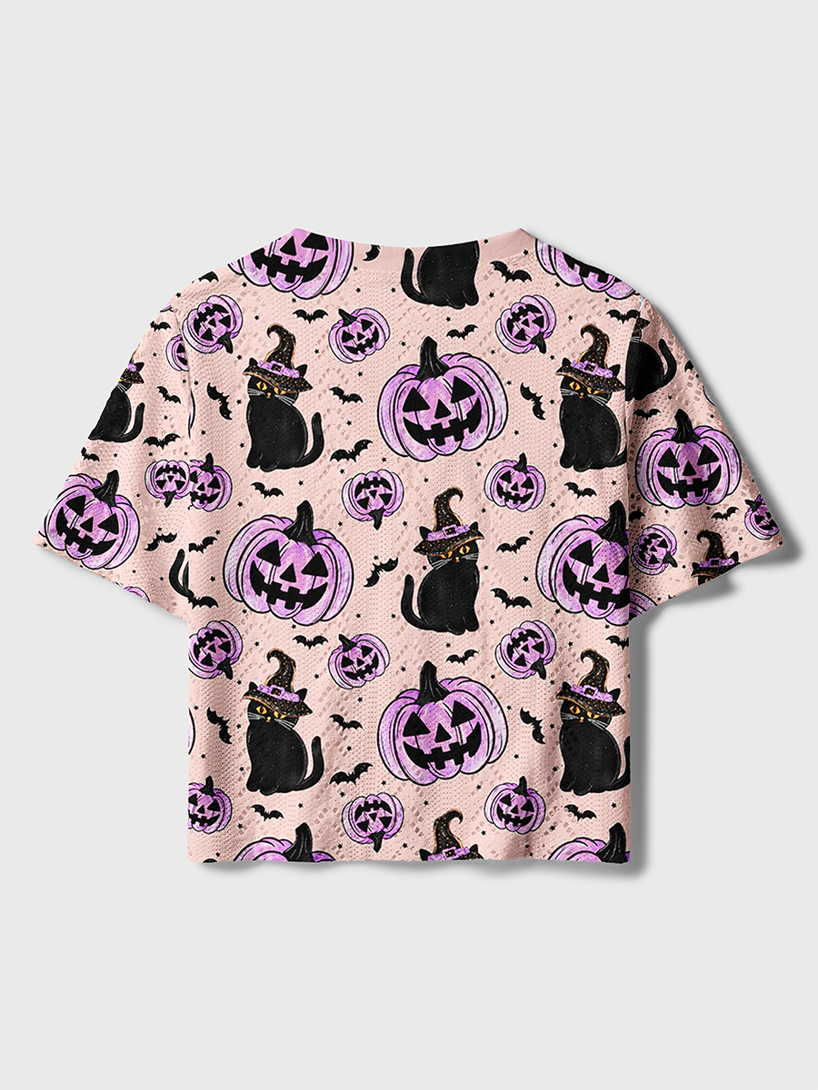 Pumpkin Witch Black Cat Crochet Button Down Cardigan