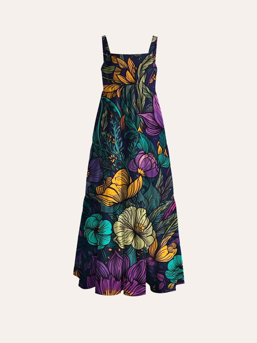 Moody Botanical Art Print Adjustable Wide Straps Maxi Dress
