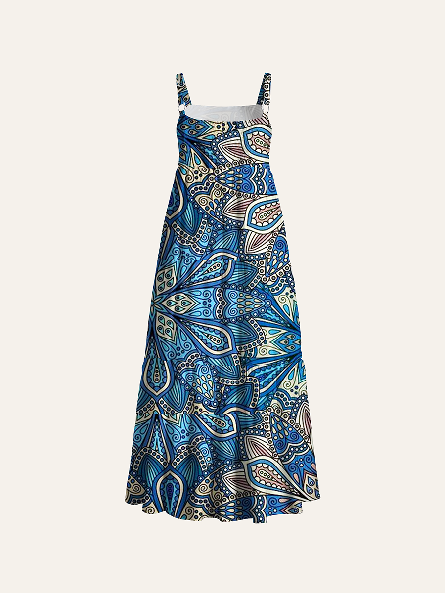 Boho Blue Mandala Geometric Ethnic Adjustable Wide Straps Maxi Dress