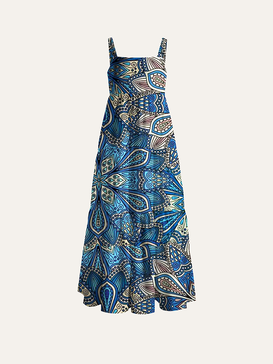 Boho Blue Mandala Geometric Ethnic Adjustable Wide Straps Maxi Dress