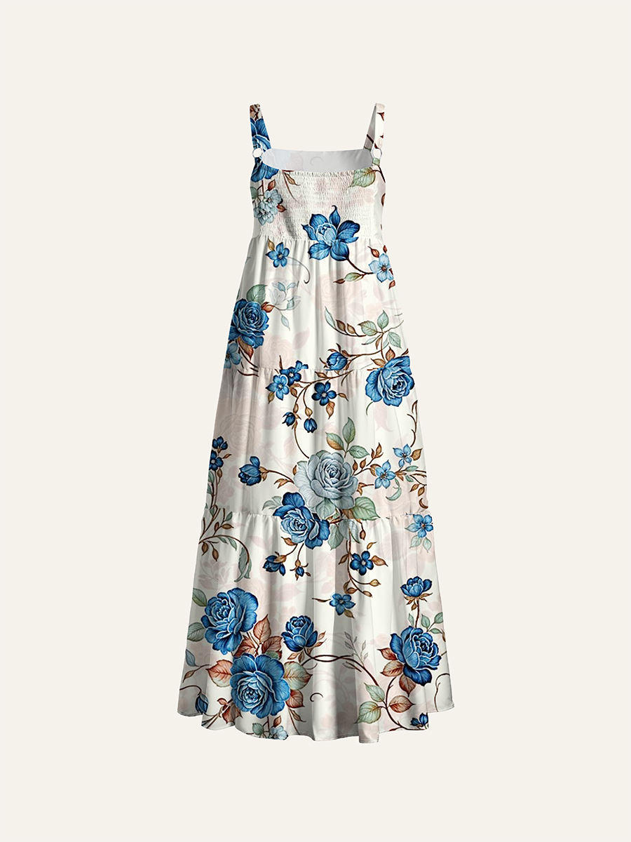 Vintage Blue Rose Vine Cream Background Watercolor Floral Adjustable Wide Straps Maxi Dress