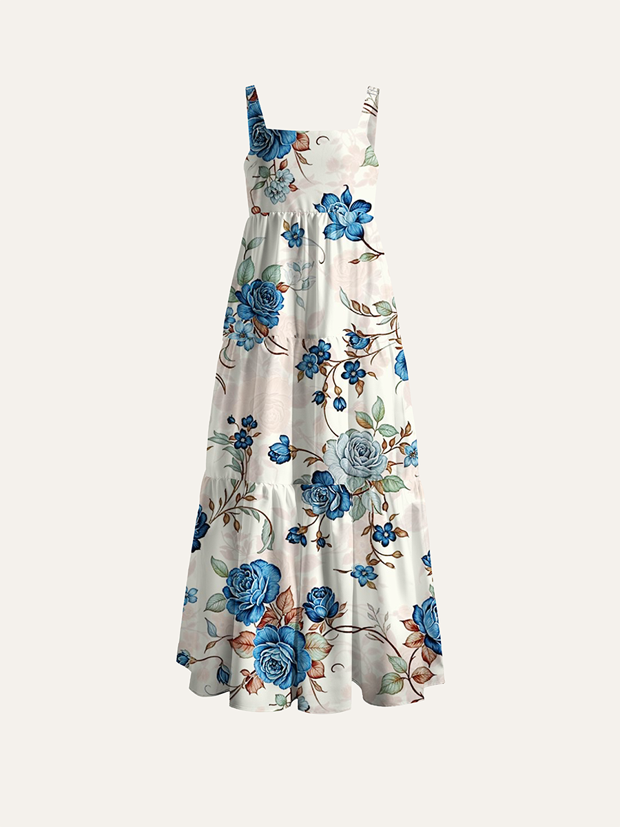 Vintage Blue Rose Vine Cream Background Watercolor Floral Adjustable Wide Straps Maxi Dress