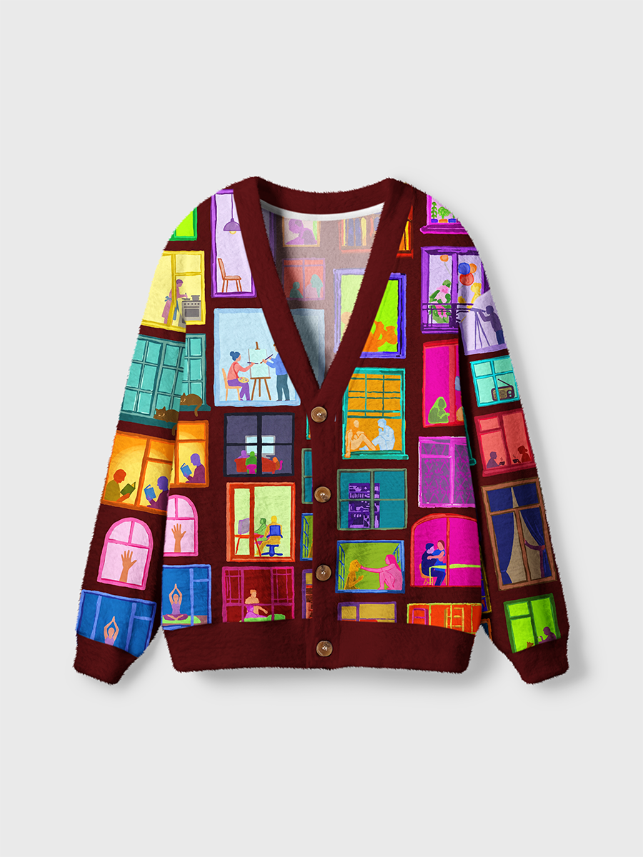 Vintage Colorful And Diverse Windows Cardigan Sweaters