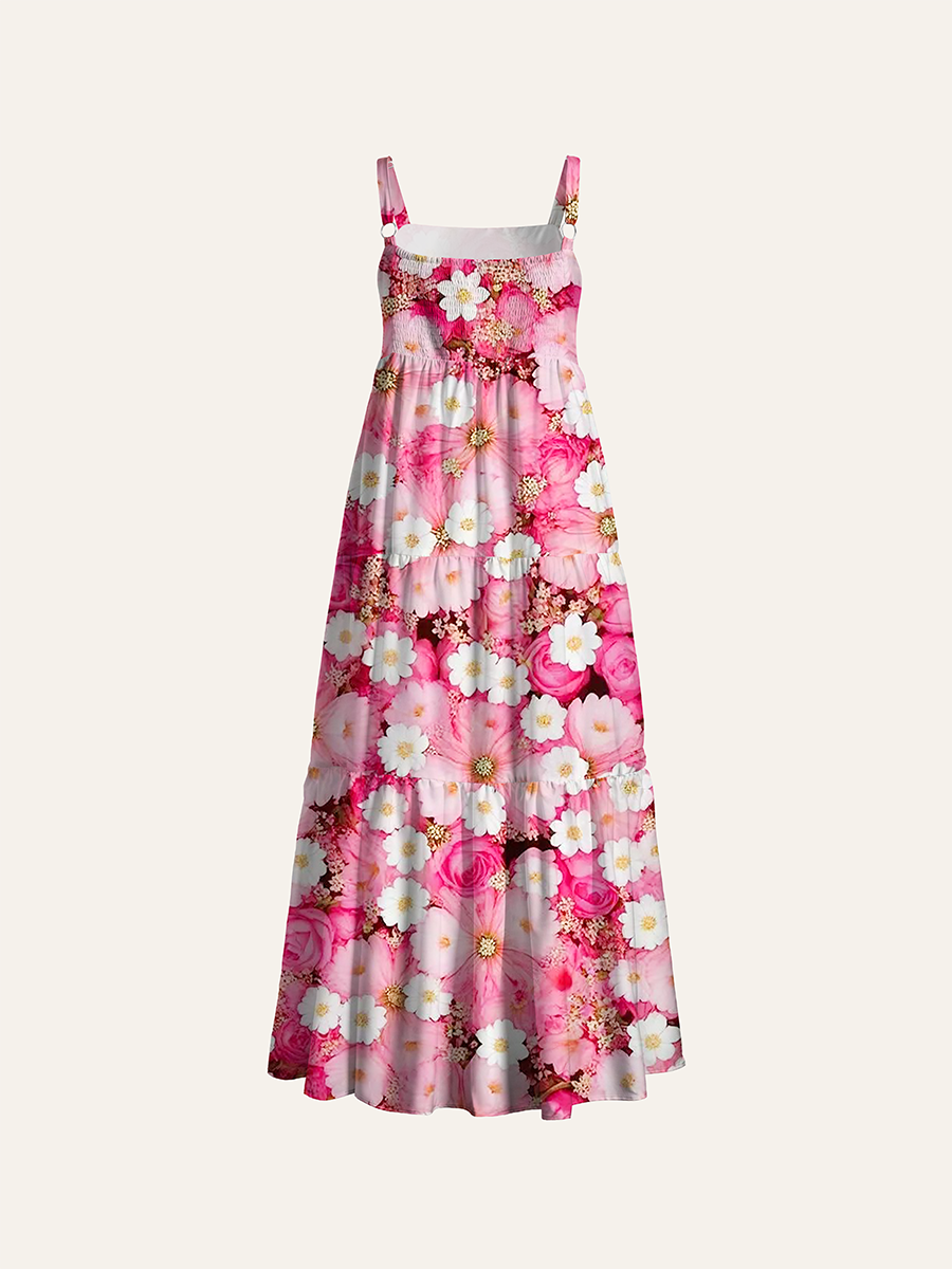 Realistic Full Frame Pink Daisy Rose Flower Field Adjustable Wide Straps Maxi Dress
