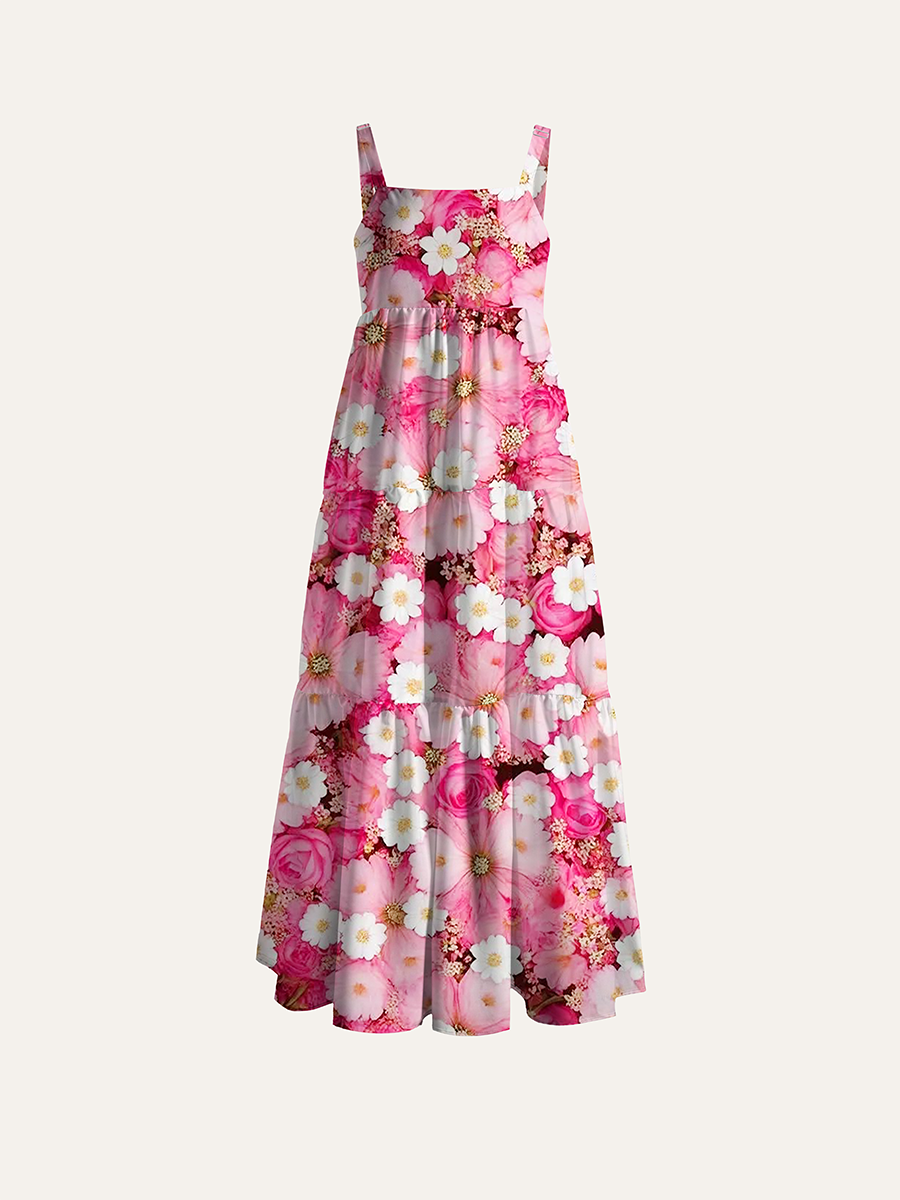 Realistic Full Frame Pink Daisy Rose Flower Field Adjustable Wide Straps Maxi Dress