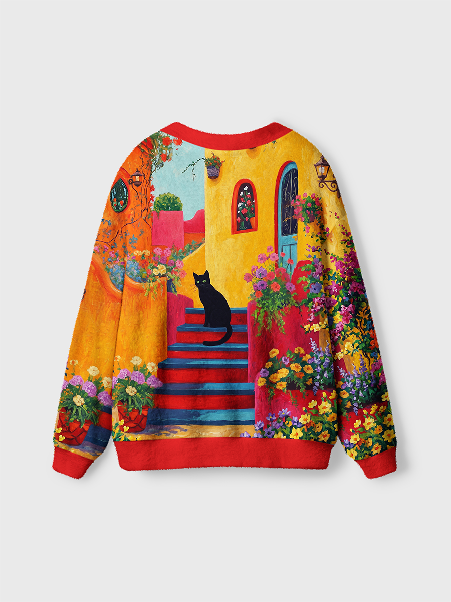 Vintage Mediterranean Style Colorful Steps Black Cat And Florals Cardigan Sweaters