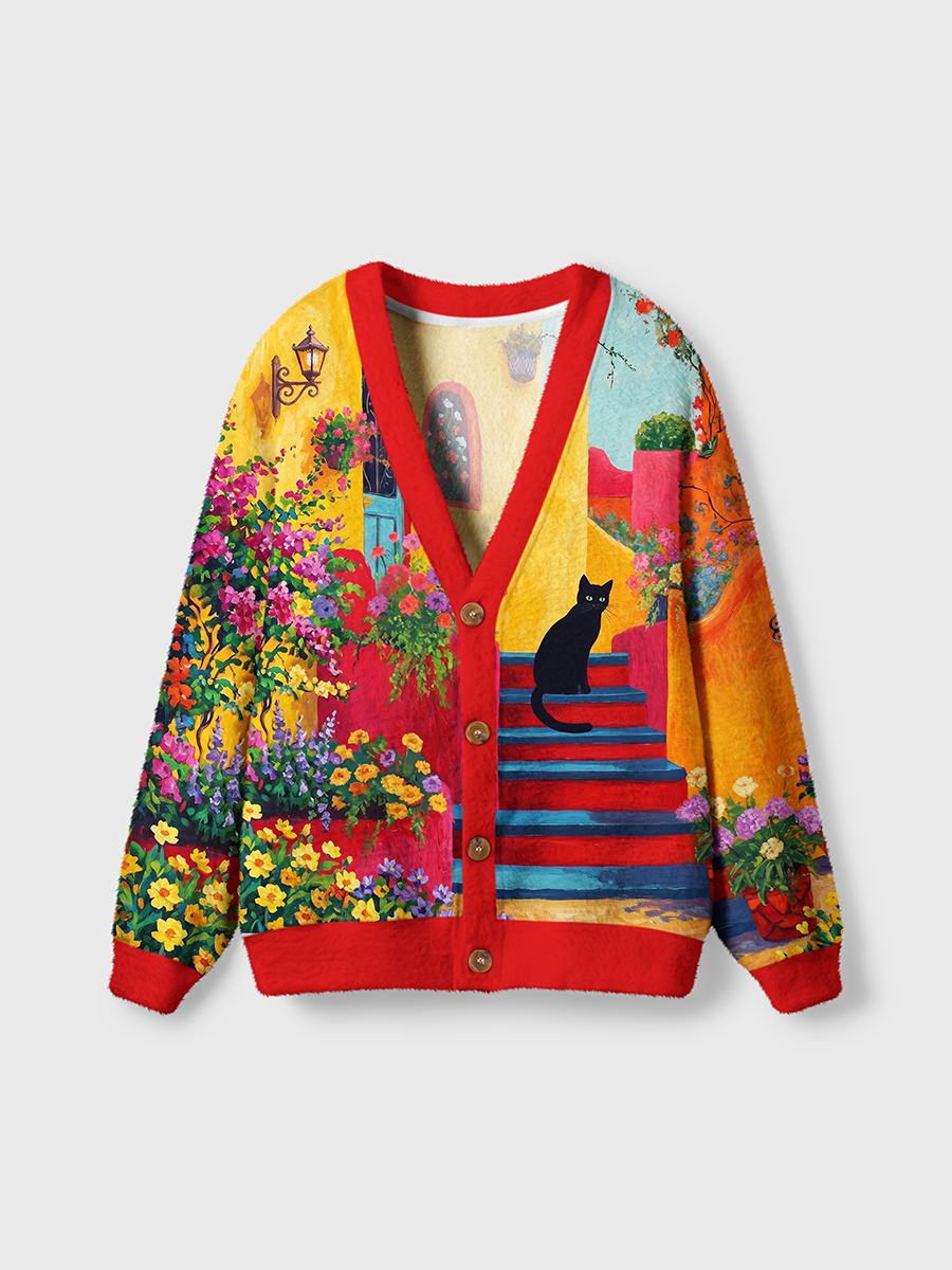 Vintage Mediterranean Style Colorful Steps Black Cat And Florals Cardigan Sweaters