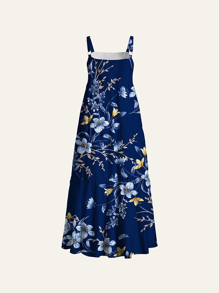 Navy Dark Blue Lily Gold Accent Oriental Floral Adjustable Wide Straps Maxi Dress