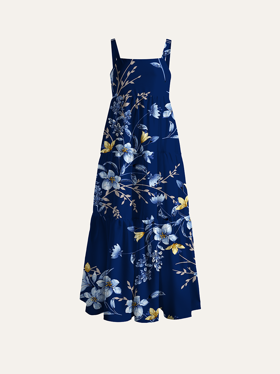 Navy Dark Blue Lily Gold Accent Oriental Floral Adjustable Wide Straps Maxi Dress