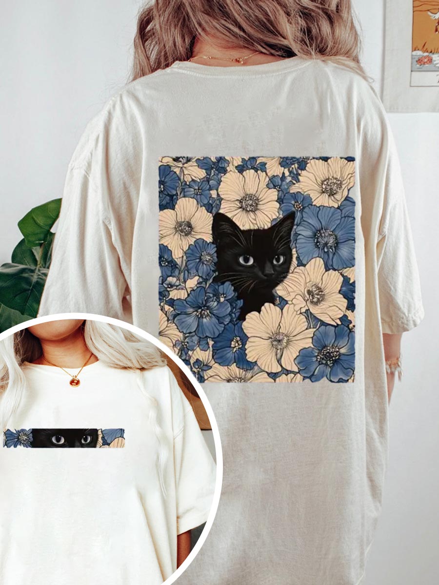 Vintage Black Cat Flowers Oversize Graphic Tee
