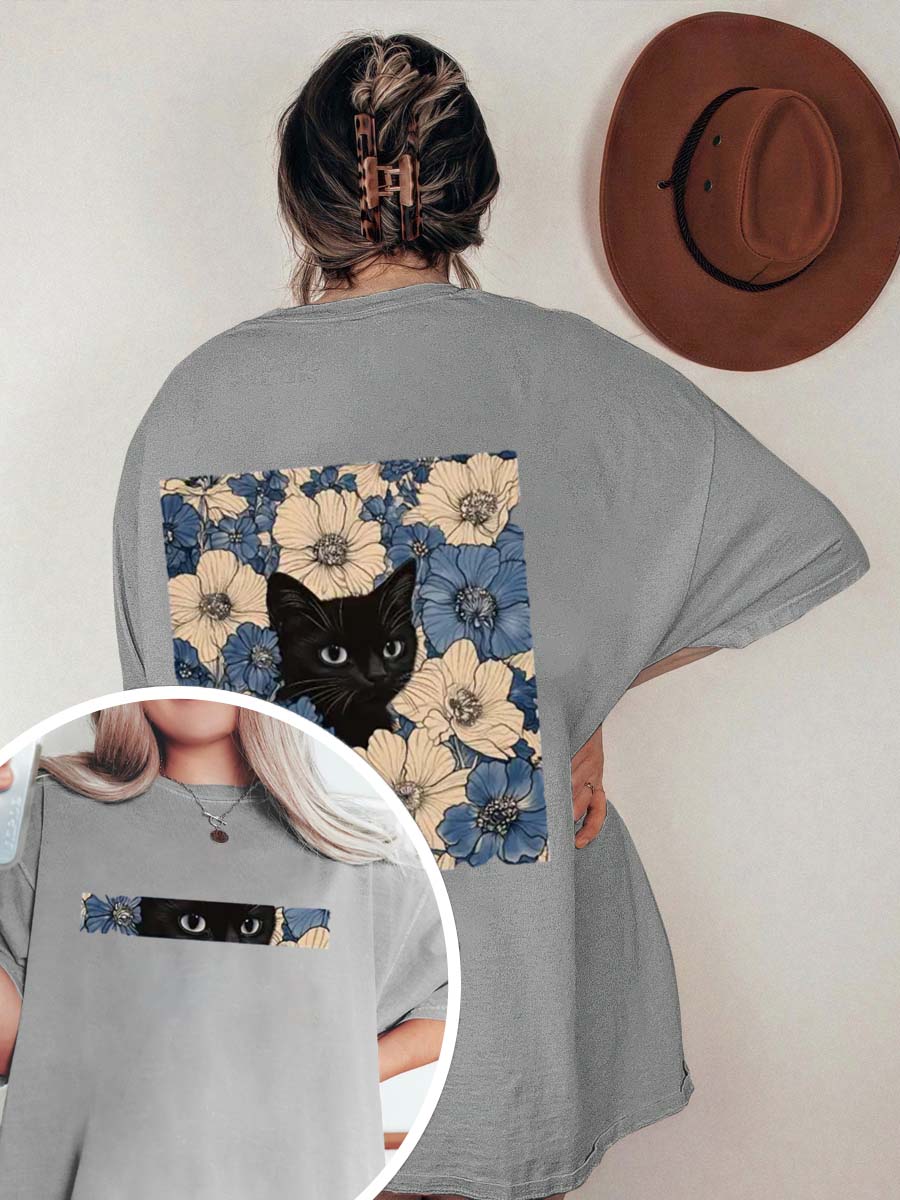 Vintage Black Cat Flowers Oversize Graphic Tee