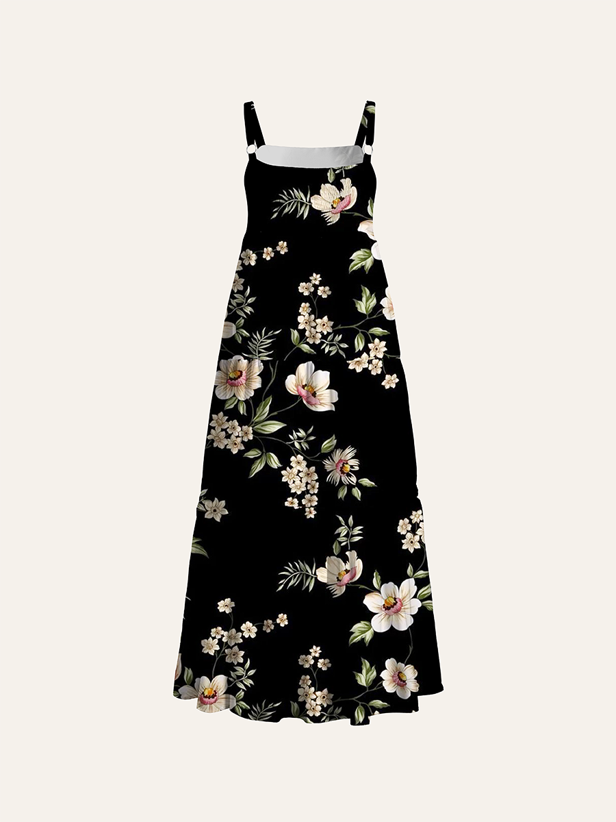 Cream Vintage Wild Rose Floral Adjustable Wide Straps Maxi Dress