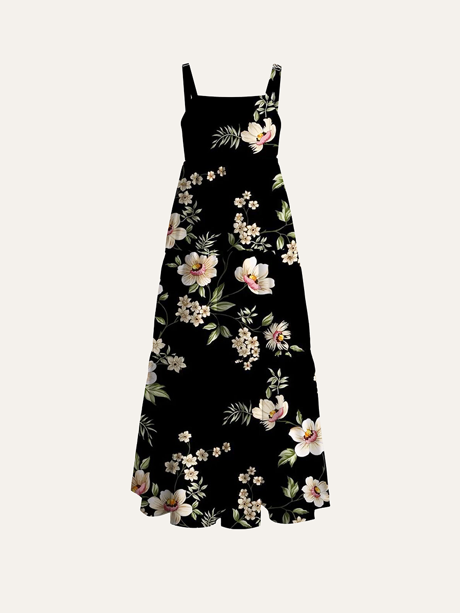 Cream Vintage Wild Rose Floral Adjustable Wide Straps Maxi Dress