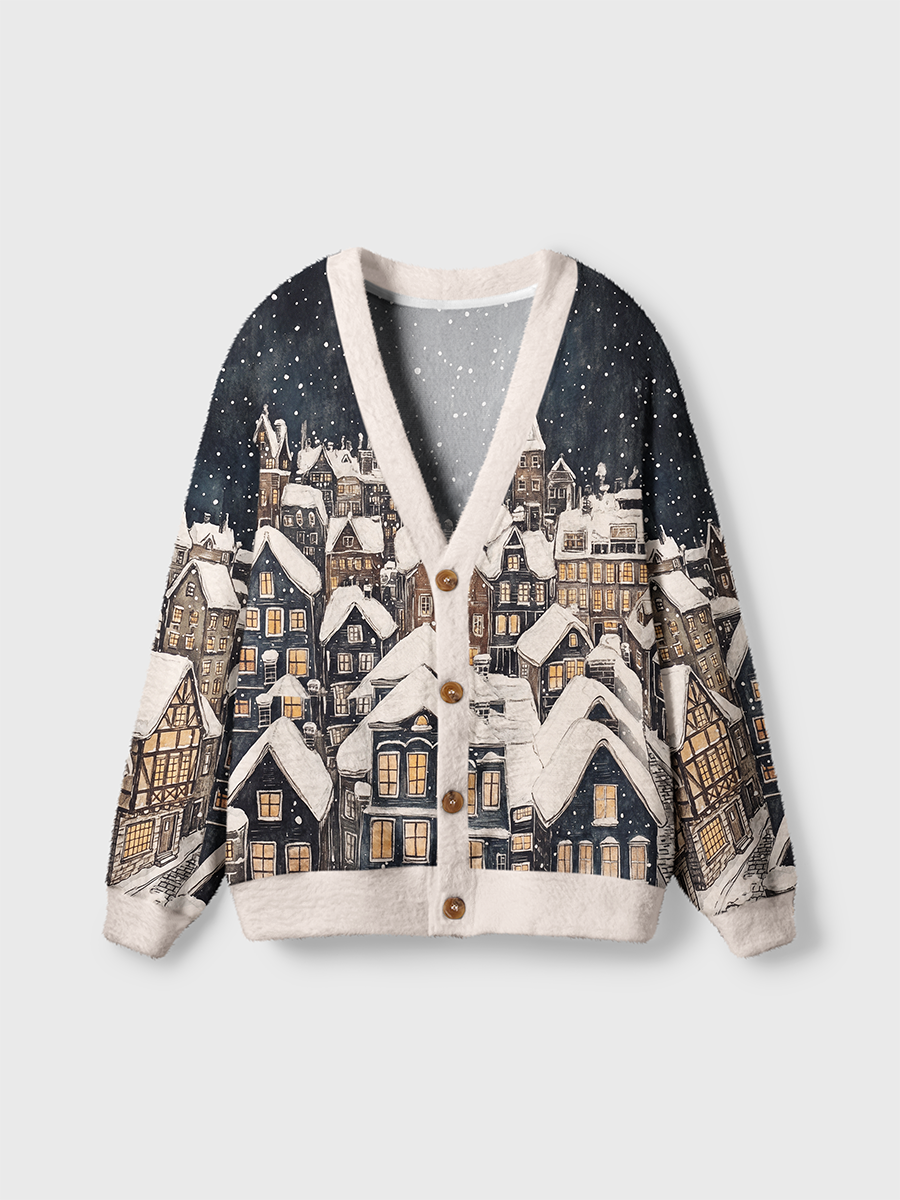 Vintage European Retro Wooden House Village Under Snowy Night Sky Cardigan Sweaters
