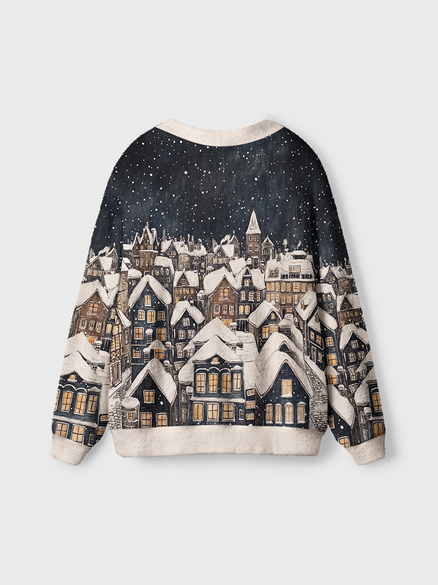 Vintage European Retro Wooden House Village Under Snowy Night Sky Cardigan Sweaters