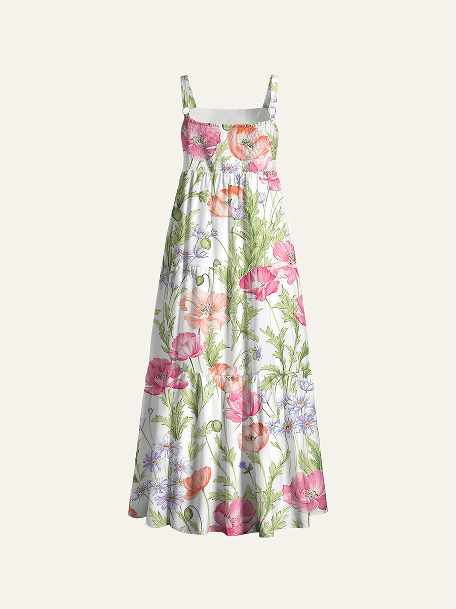 Pink Poppy Wildflower Watercolor Adjustable Wide Straps Maxi Dress
