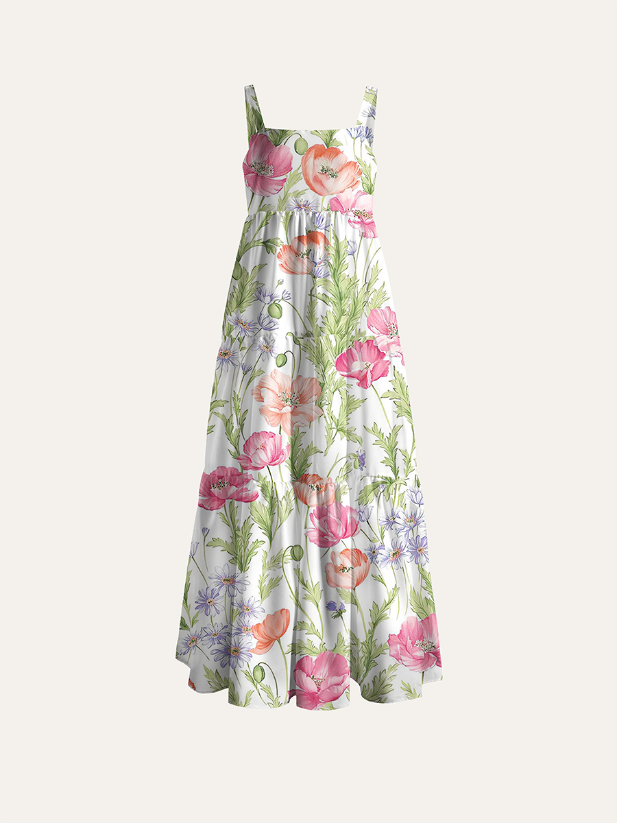 Pink Poppy Wildflower Watercolor Adjustable Wide Straps Maxi Dress