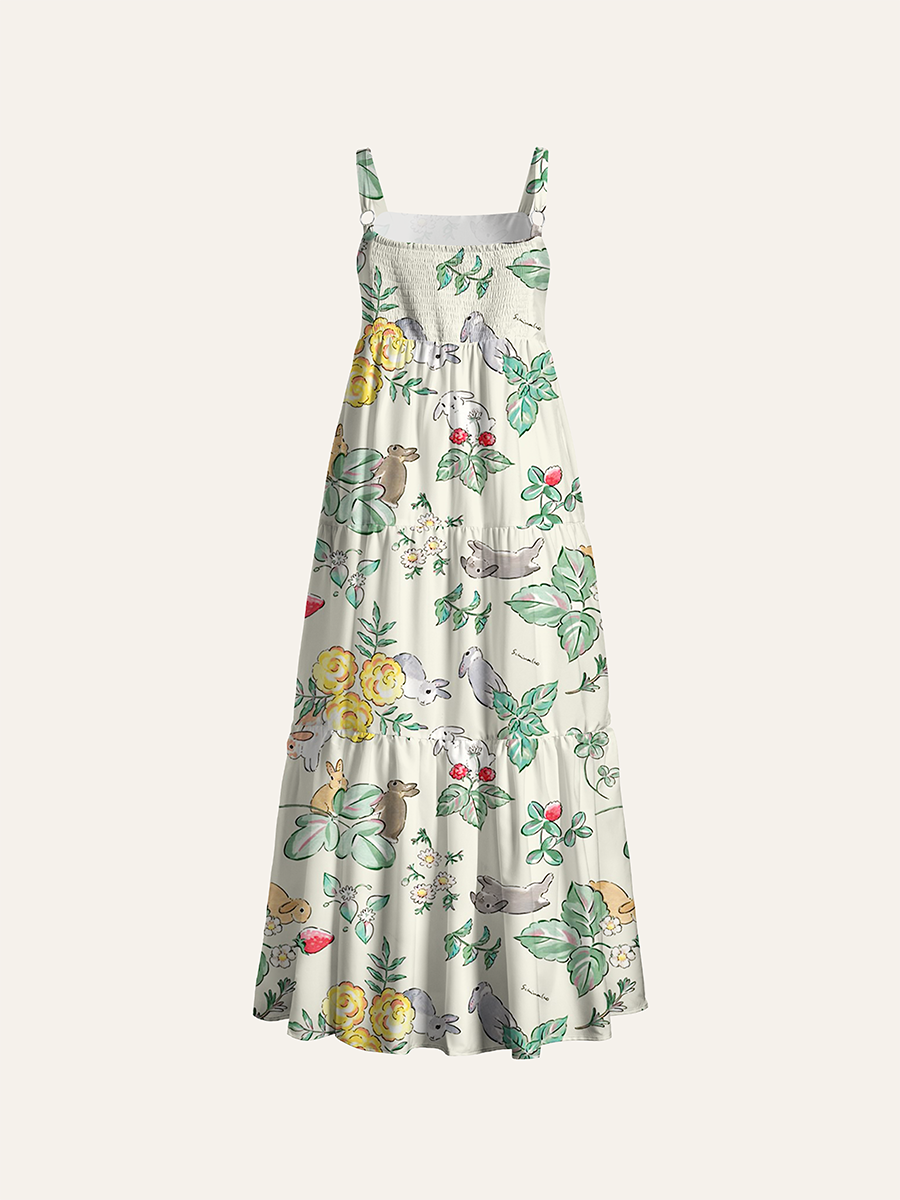 Cute Hand Drawn Bunny Strawberry Vintage Kids Floral Adjustable Wide Straps Maxi Dress