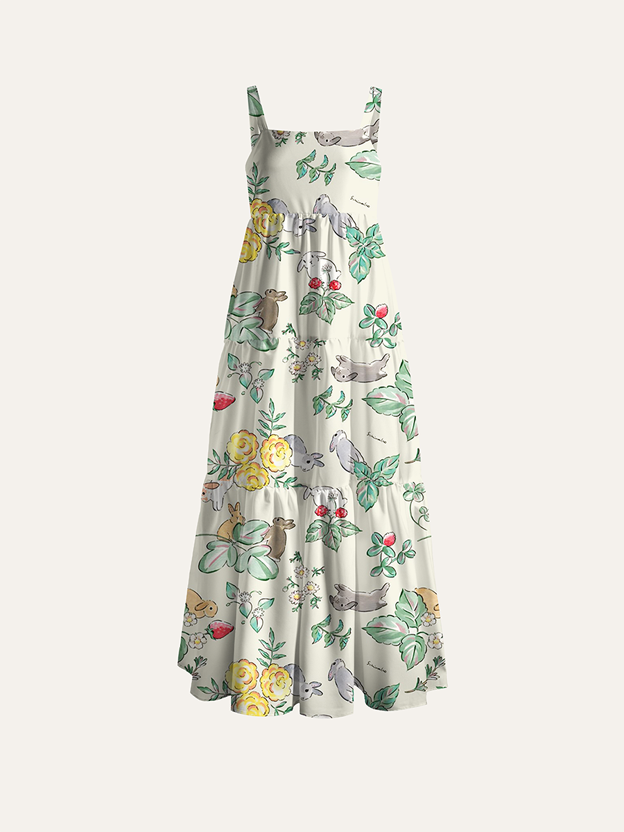 Cute Hand Drawn Bunny Strawberry Vintage Kids Floral Adjustable Wide Straps Maxi Dress