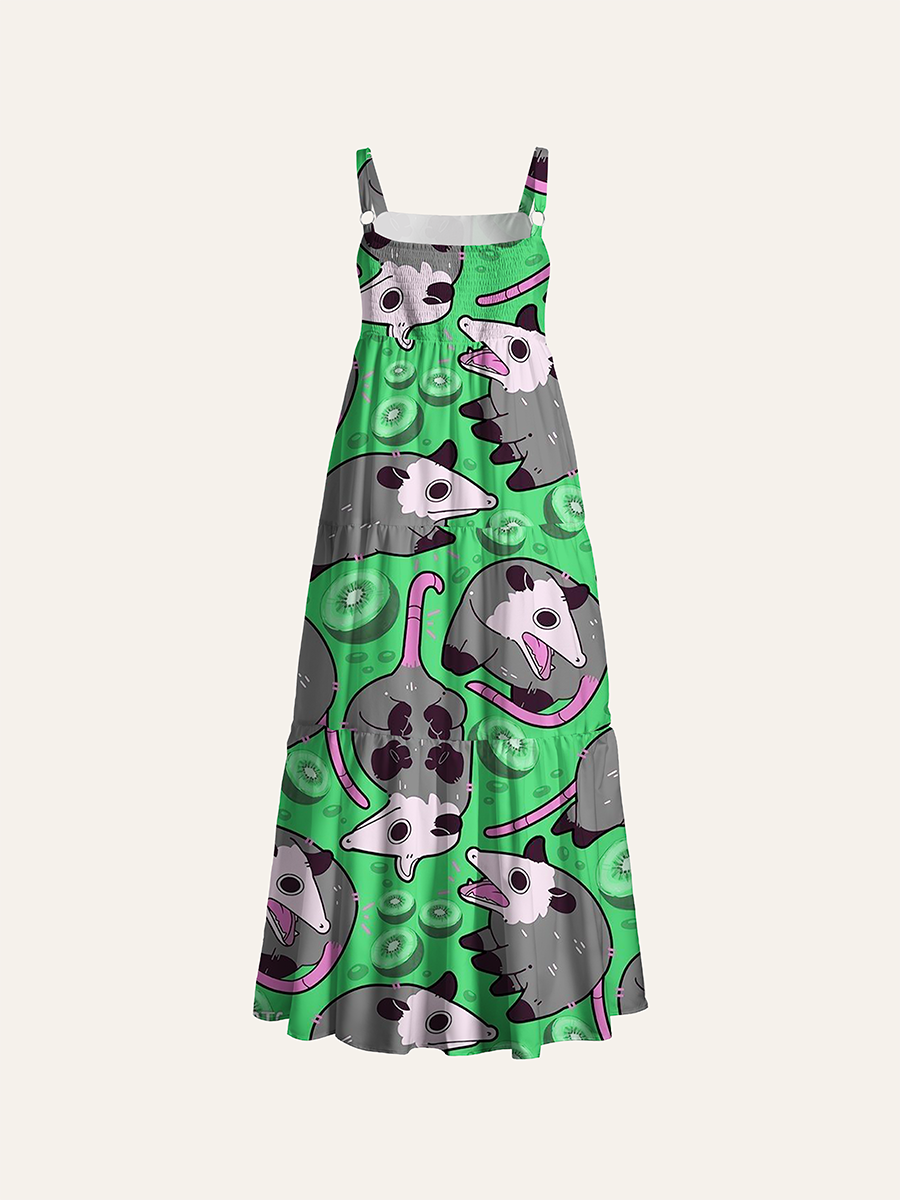 Opossum Kiwi Fruit Bright Green Adjustable Wide Straps Maxi Dress