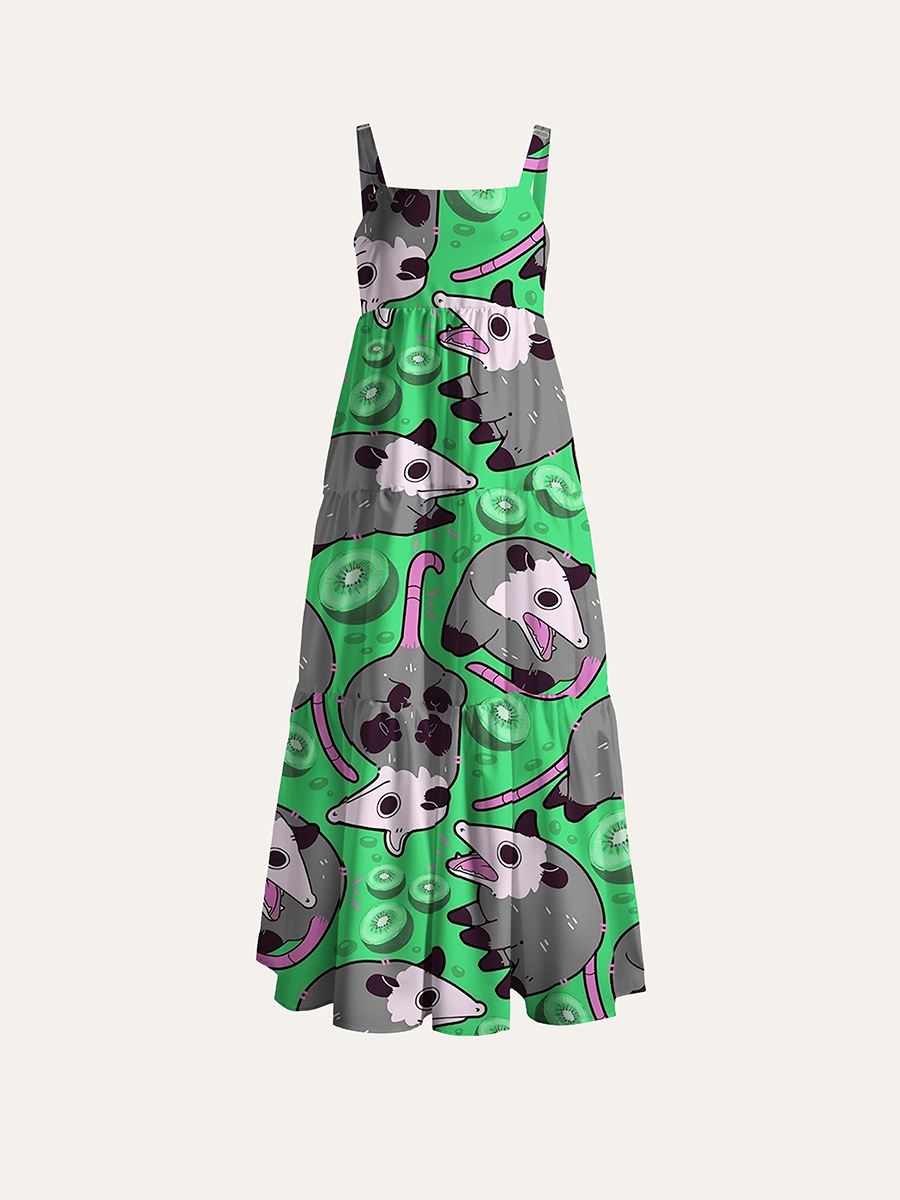 Opossum Kiwi Fruit Bright Green Adjustable Wide Straps Maxi Dress