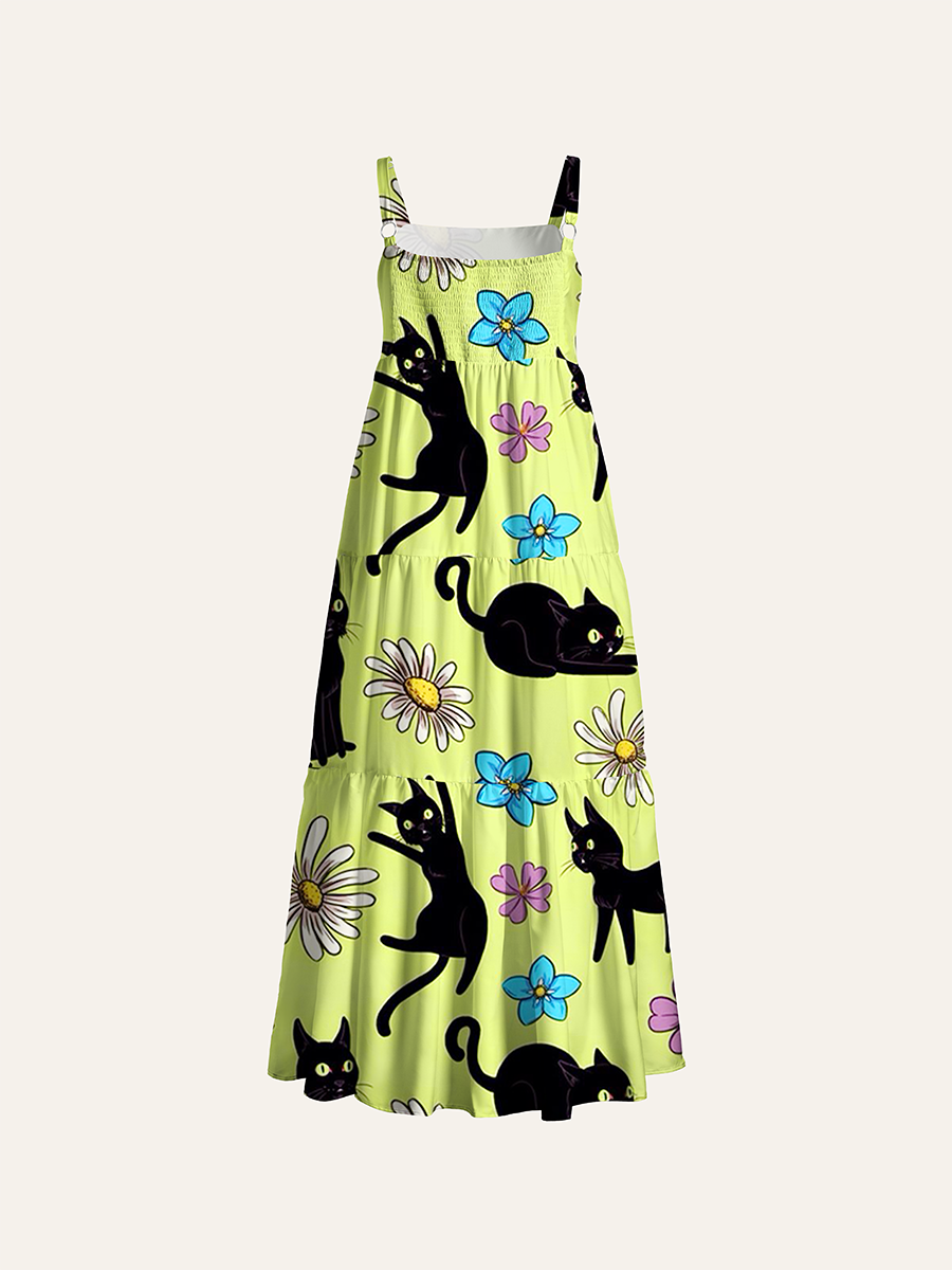 Black Cat Daisy Pastel Lime Floral Adjustable Wide Straps Maxi Dress
