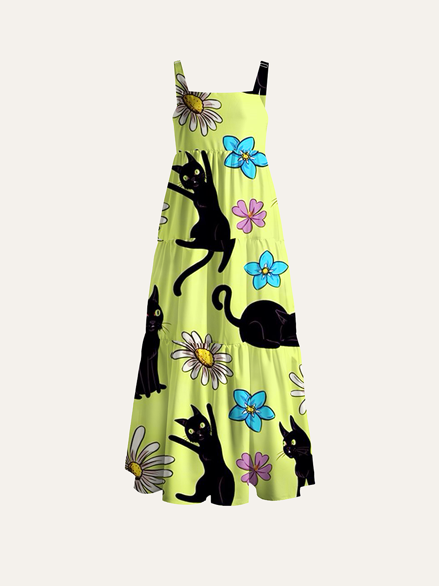 Black Cat Daisy Pastel Lime Floral Adjustable Wide Straps Maxi Dress