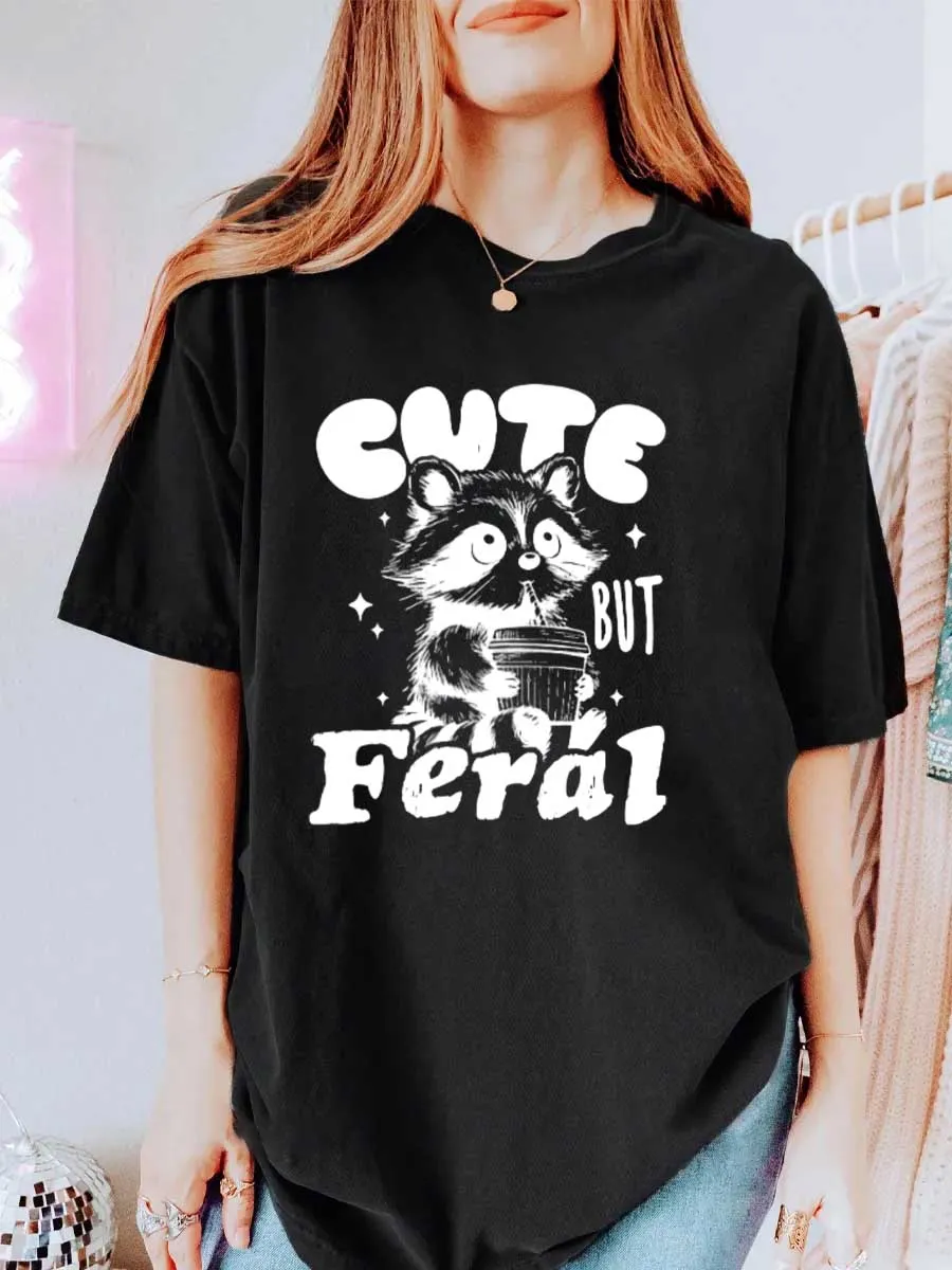 Vintage Cute But Feral Raccoon Oversize Graphic Tee