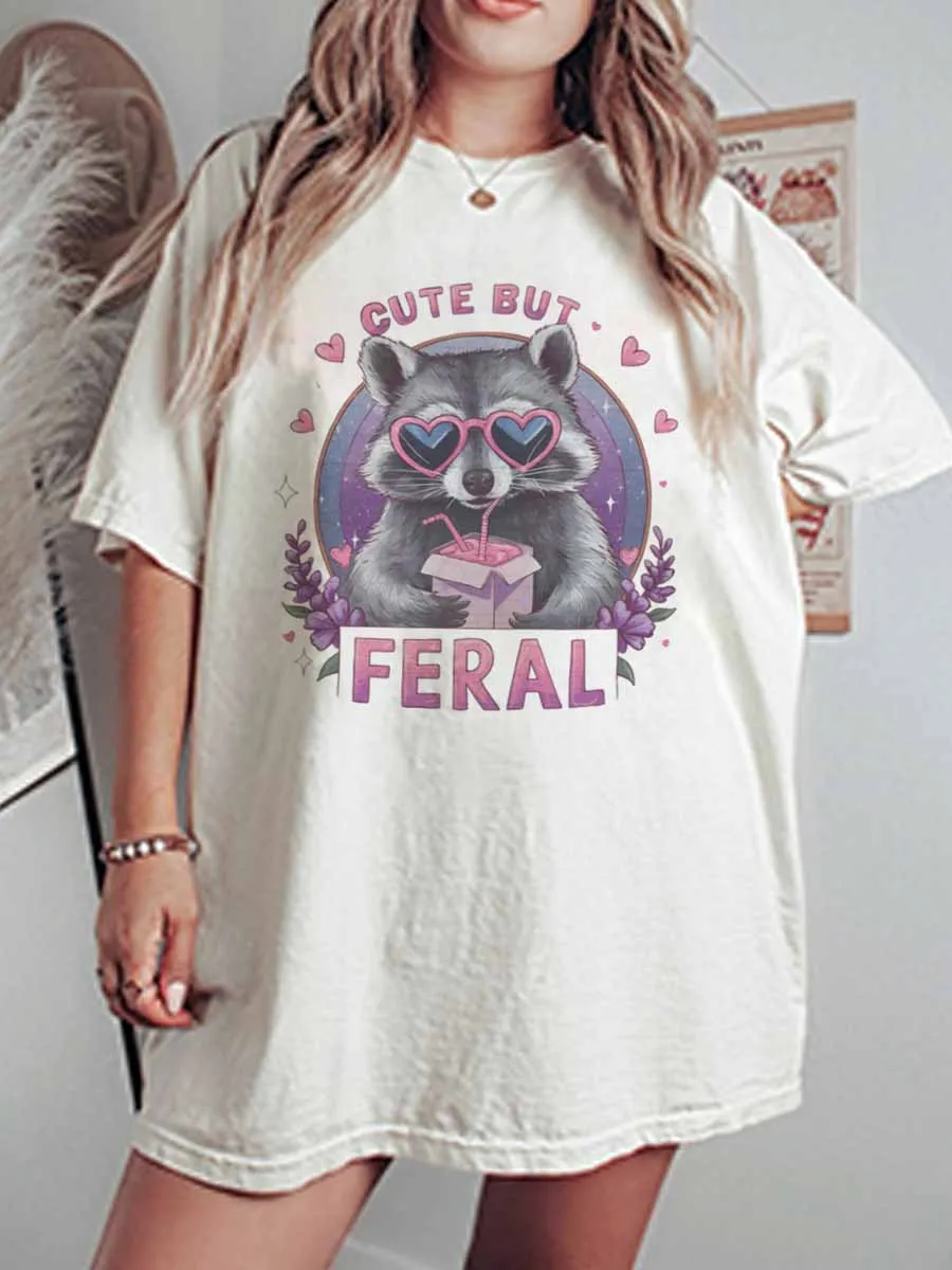 Vintage Cute But Feral Oversize Graphic Tee