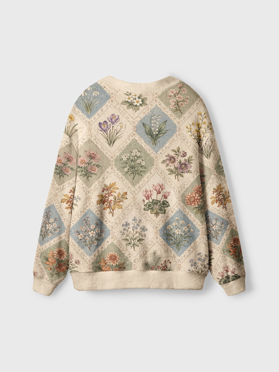 Vintage Retro Diamond Lattice Various Florals And Plants Cardigan Sweaters