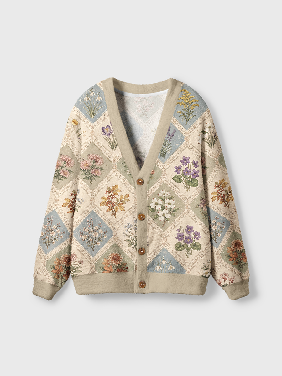 Vintage Retro Diamond Lattice Various Florals And Plants Cardigan Sweaters