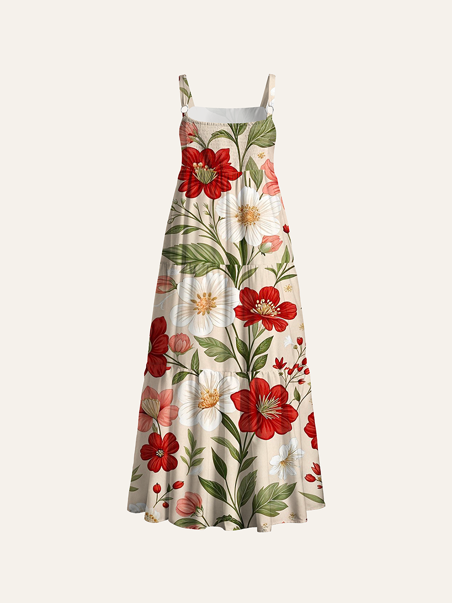 Vintage Red White Camellia Cottage Watercolor Floral Adjustable Wide Straps Maxi Dress
