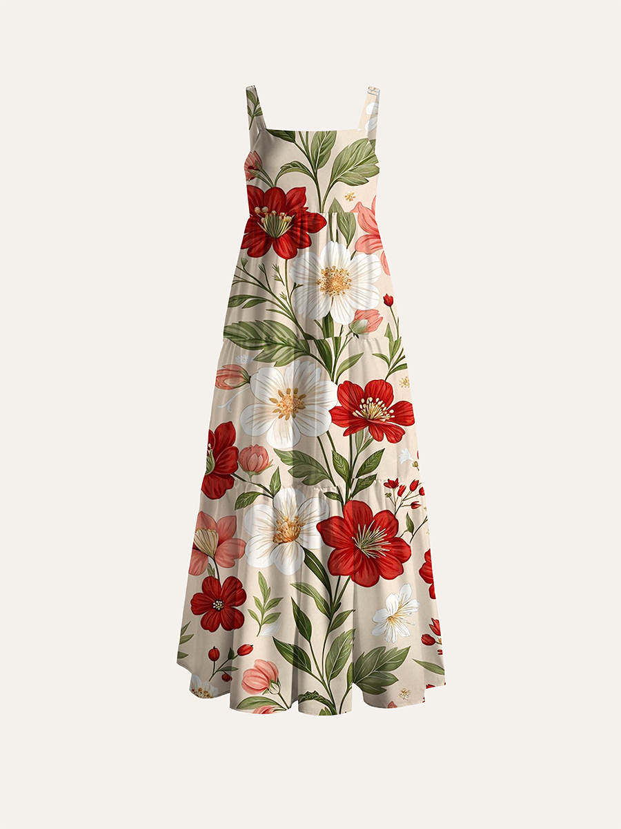 Vintage Red White Camellia Cottage Watercolor Floral Adjustable Wide Straps Maxi Dress