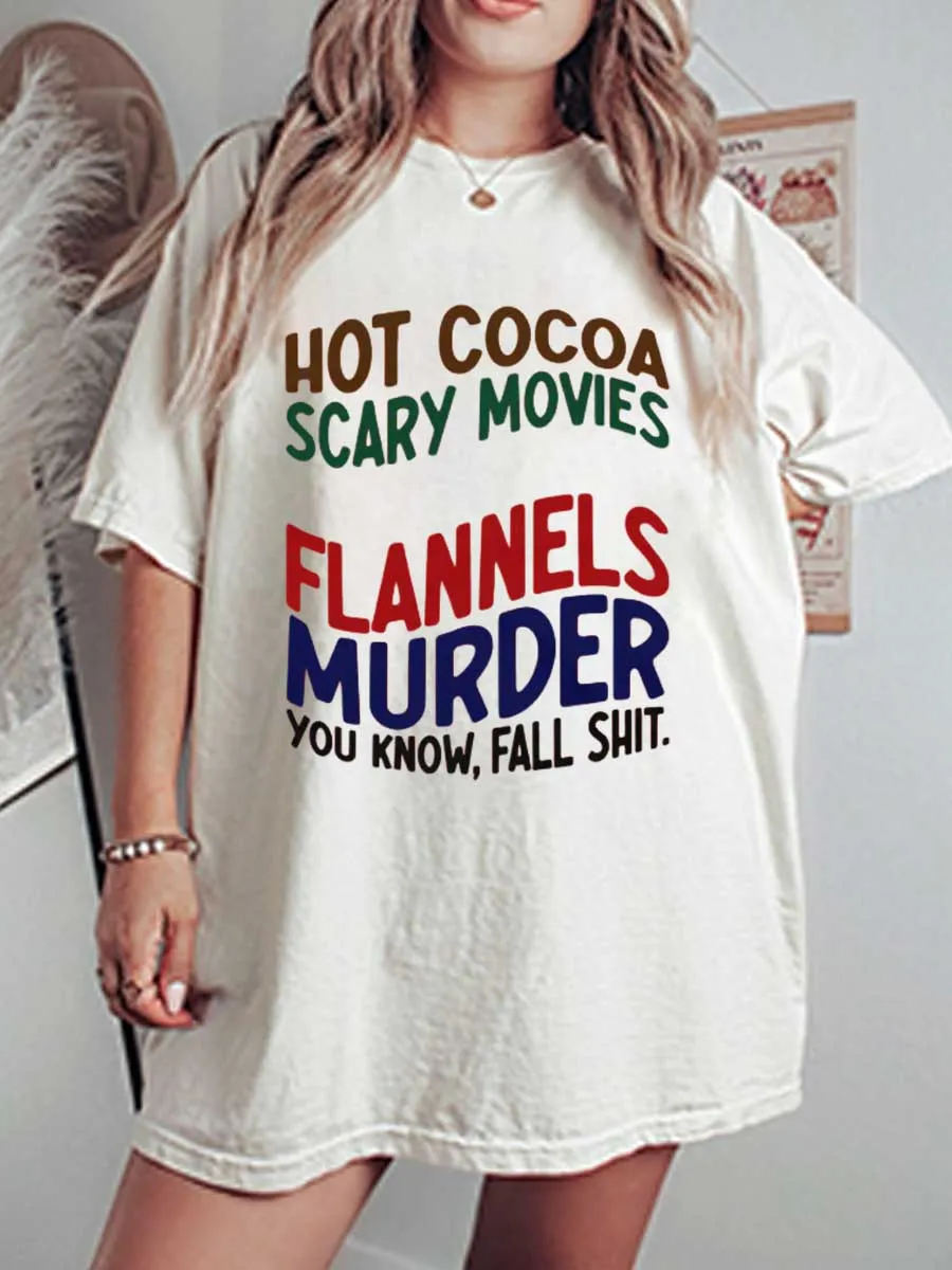 Vintage Hot Cocoa Scary Movies Pumpkin Spice Flannels Murder Oversize Graphic Tee